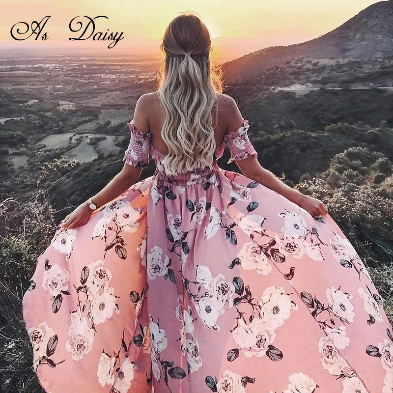 Как ромашка сексуальная Slash шеи длинное платье Для женщин Летнее пляжное Boho