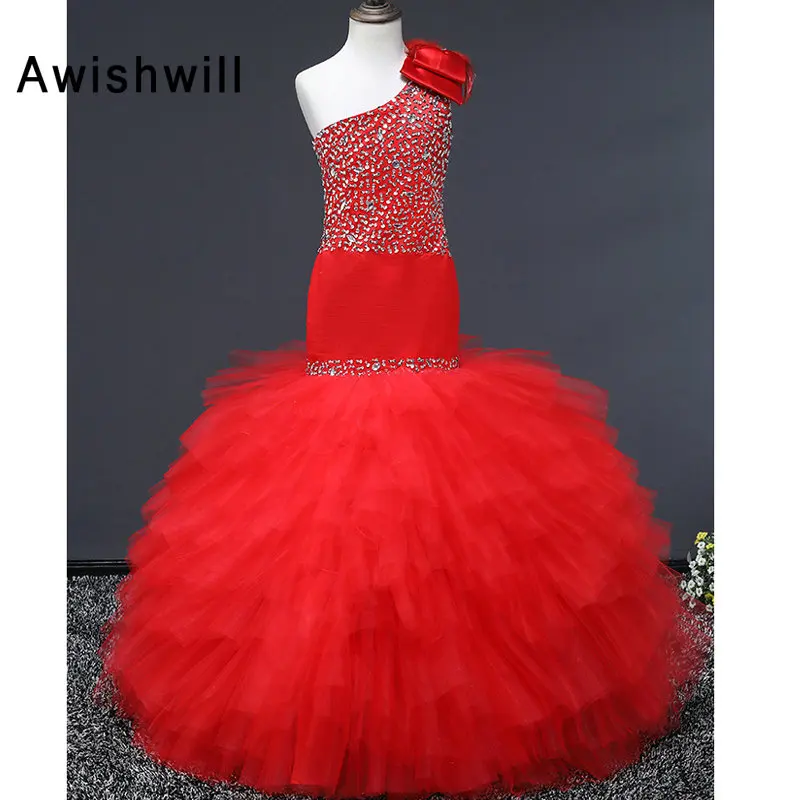 

Реальный образец платья принцессы на одно плечо с цветами и бусинами для девочек платье русалки для конкурса вечевечерние платья для перво...