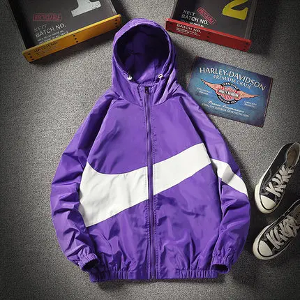 Purple Брендовая мужская одежда для молодых студентов колледжа, свободные куртки с капюшоном, пальто на весну и осень, Классическая свободная ветровка - Цвет: Purple
