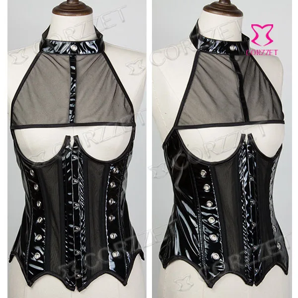 Женский Готический корсет в стиле стимпанк черный сетчатый из ПВХ со стальными
