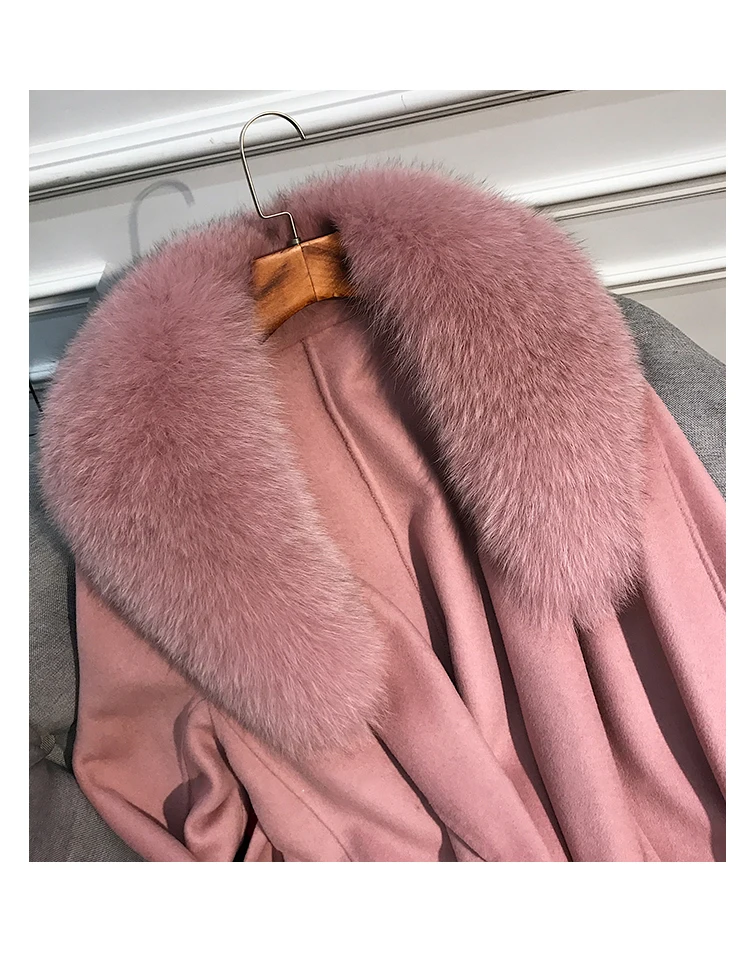 OFTBUY пальто с натуральным мехом, зимняя женская куртка, воротник из натурального Лисьего меха, кашемировая шерсть, Длинная Верхняя одежда с поясом, женская уличная одежда