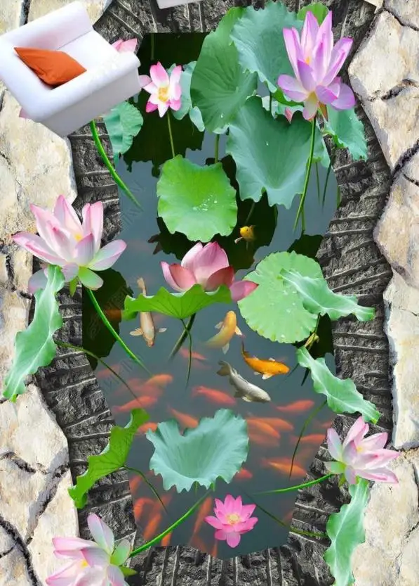 Самоклеящиеся 3D обои для гостиной напольные с рисунком лотоса и кальмара на