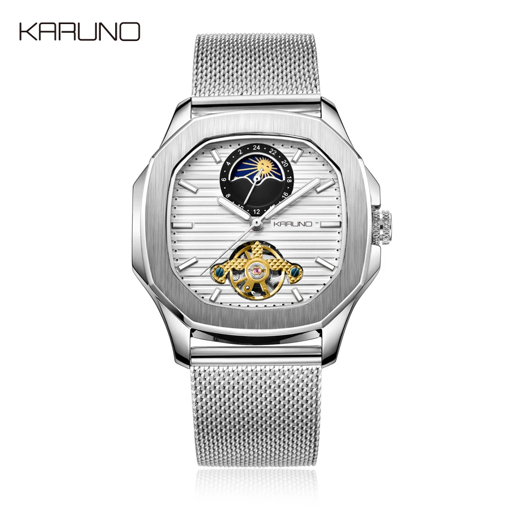 silver white MCE механические мужские часы, мужские модные часы, автоматические часы с турбийоном, мужские часы с фазой Луны и квадратным кожаным ремешком, мужские часы - Цвет: silver white