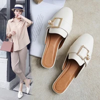 bailehou women brand slippers flat women casual shoes slip on slides pearl buckle mules square toe low heel shoes wedges sandals