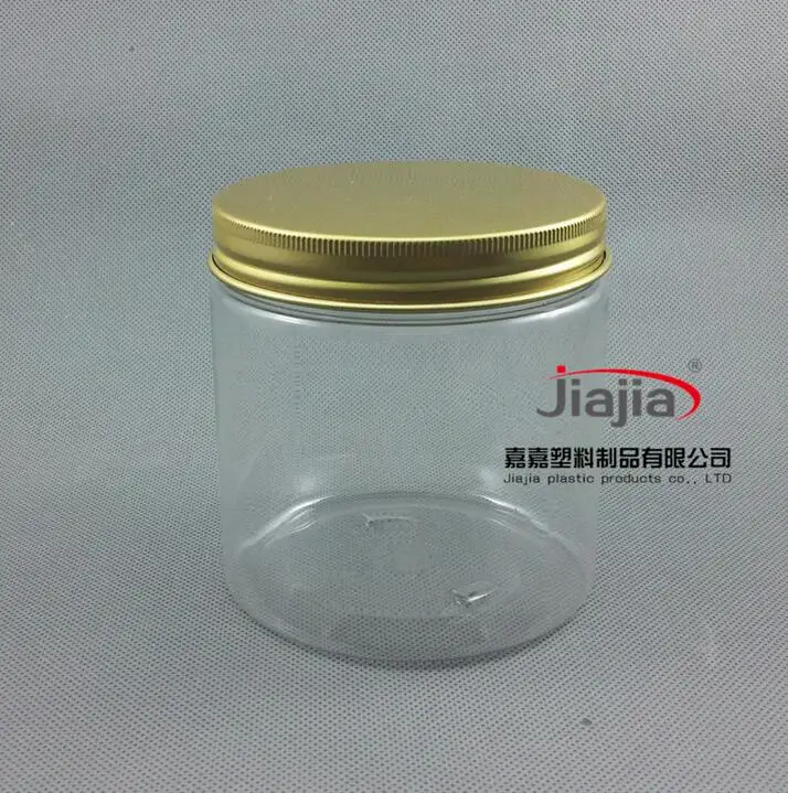 Free shipping: BIG SIZE 500ml clear Body Cream Cans with Gold Aluminum Cover,500g PET Jar Bath salts Container