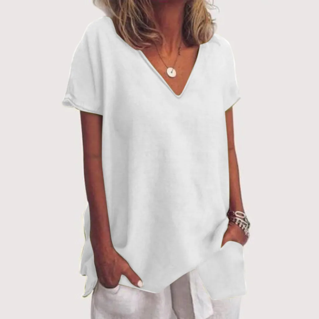 Женская блузка с коротким рукавом простые базовые свободные футболки v-образным
