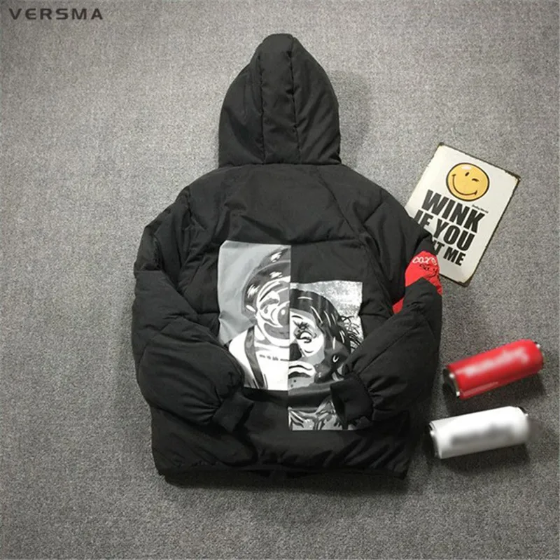 VERSMA корейский стиль Харадзюку стильная стеганая зимняя теплая куртка пальто парка для мужчин хип-хоп клоун пэчворк Молодежные мужские зимние куртки - Цвет: Black