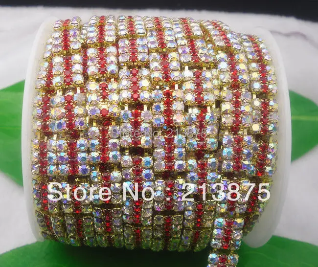 

Free shipping 1yard 3 row Red + Clear AB glass rhinestone close Golden chain claw trim Applique Wedding dresses