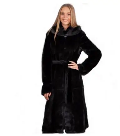 New S/7Xl Womens Large Size Black Hooded Fake Fur Jackets Long Section Man-Made Fur Outwears Female Casual Fur Overcoats K834