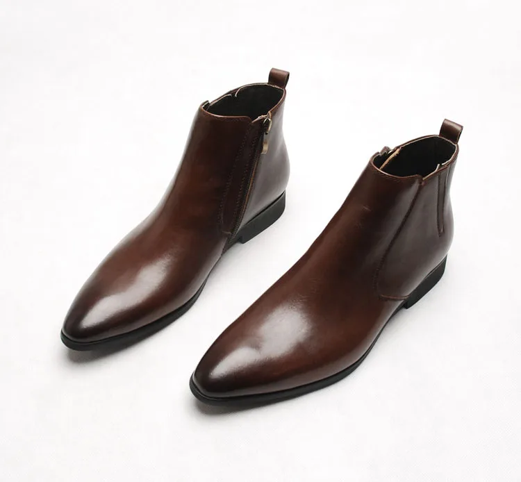 QYFCIOUFU Fashionable Genuine Leather Chelsea Boots For Men Pointed Toe Zipper Flat Handmade Italian Brand Mens Dress Boots