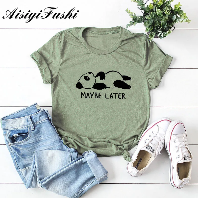 Aisiyifushi Cotton Harajuku Cartoon Panda Print T Shirt Women Summer Casual Solid Round Neck Short Sleeve Plus Size 5XL | Женская одежда