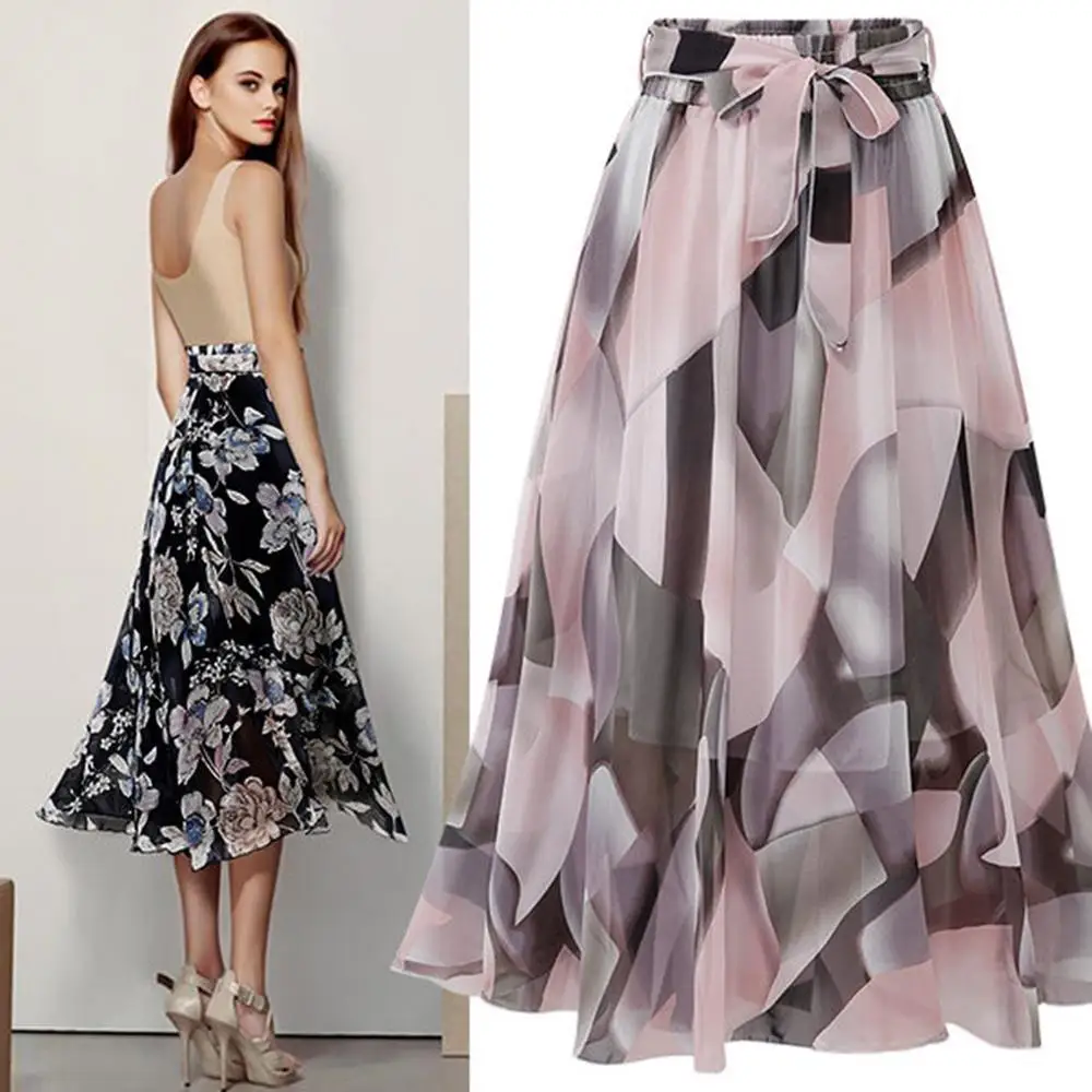 

Women's Skirts Casual Printed Chiffon Plain Knee Length Ladies Soft Stretch Flared Printed Midi Skirt 2019 New Hot Sale Ad