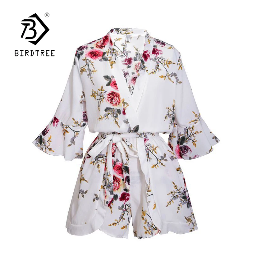 Женский летний цветочный комбинезон с глубоким v образным вырезом и оборками 2018
