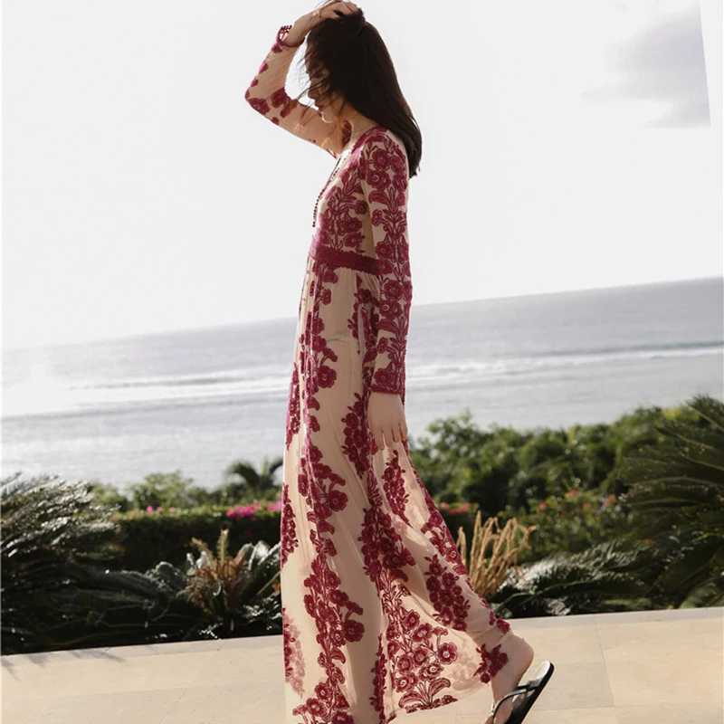 Женское пляжное платье-макси с глубоким V-образным вырезом кружевное платье до