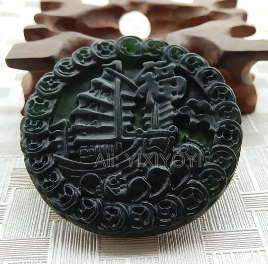 Beautiful Natural Black Green Stone Carved Chinese Smoothly Boat Lucky Blessing Pendant + Rope Necklace Fashion Jewelry | Украшения и