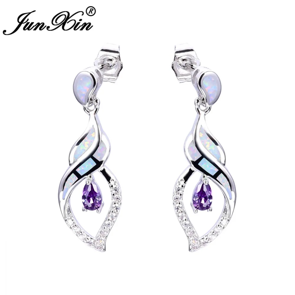 Женские серьги в форме капель воды фиолетовый JUNXIN с белым опалом Серебристые