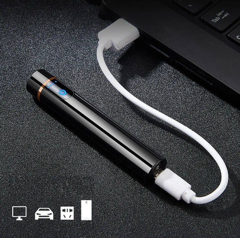 Новинка, мини USB Зажигалка с сенсорным экраном, электрические зажигалки для сигарет, тонкая ветрозащитная металлическая перезаряжаемая зажигалка, гаджеты для мужчин