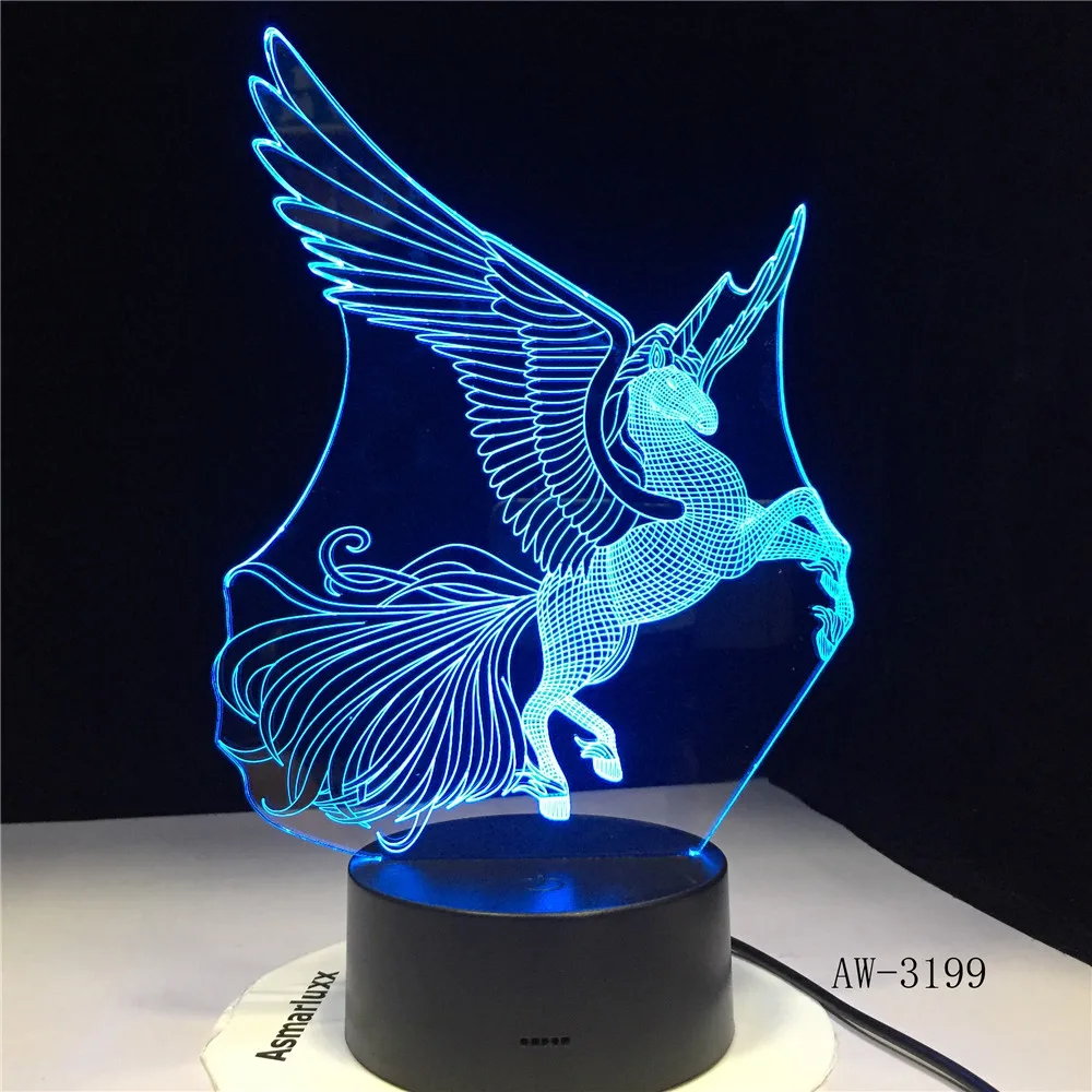 Большие крылья Единорог 3D светодиодный ночной Светильник вечерние мультфильм