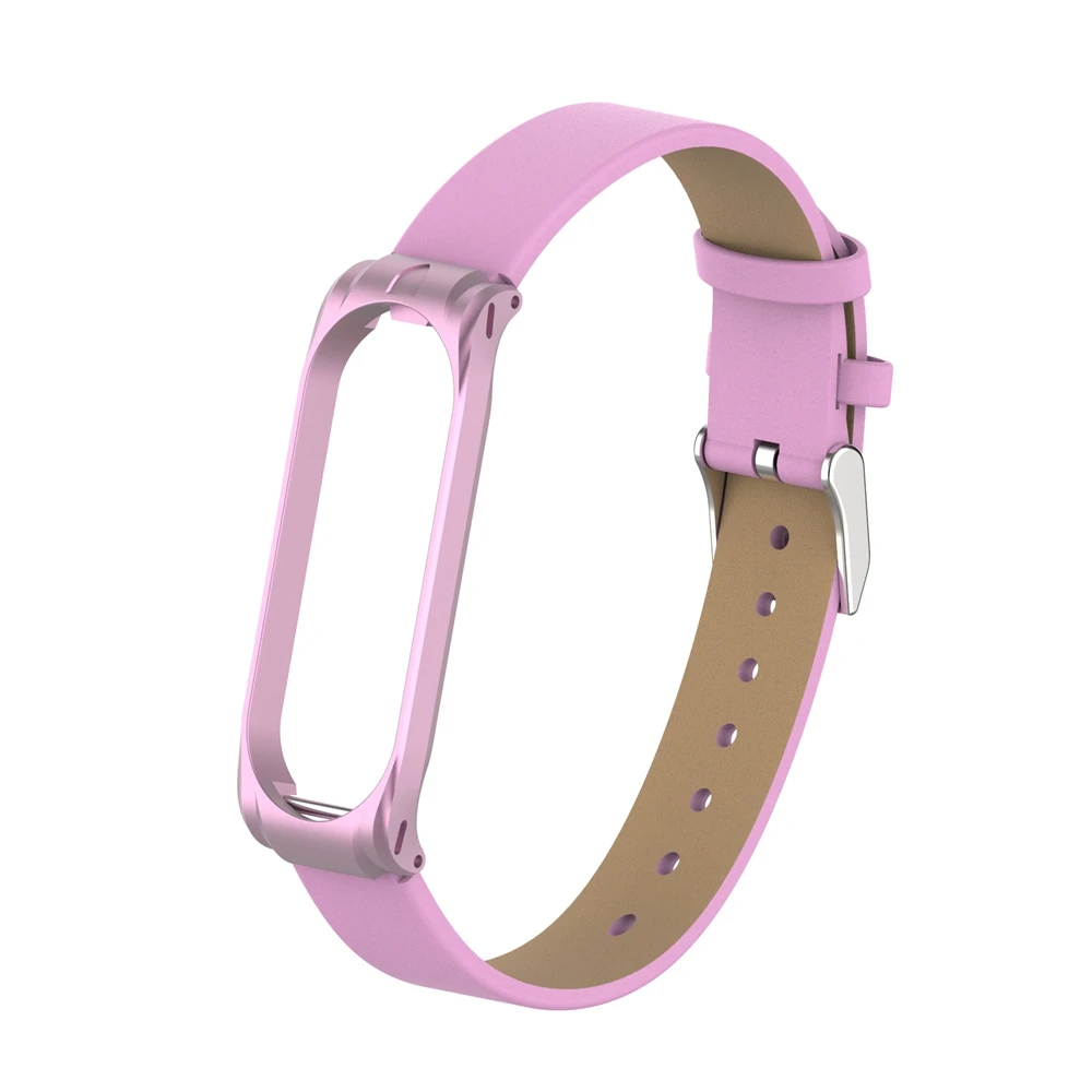 Pink leather strap Кожаный ремешок для Xiaomi mi Band 4 3 Смарт-браслет металлический чехол для спортивных часов для mi Band 4 Замена - Цвет: Pink leather strap