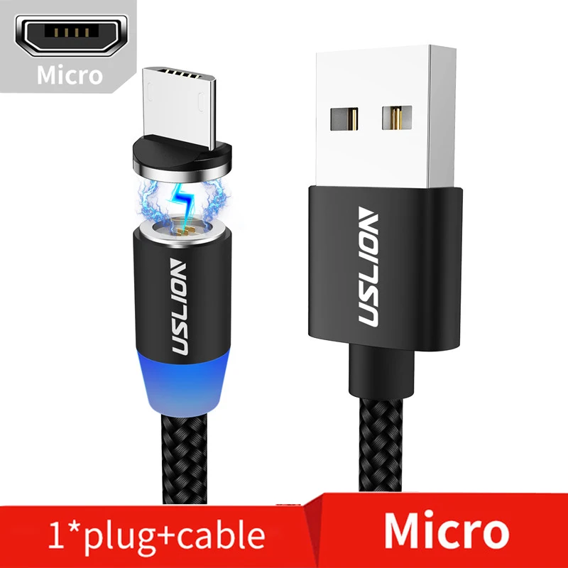 Black For Micro USLION, магнитное зарядное устройство, быстрая зарядка, магнит, USB, микро кабель, 3А, Тип C, кабель type-C, светодиодный, в нейлоновой оплетке, для Iphone 7, XS, XR, samsung - Цвет: Black For Micro