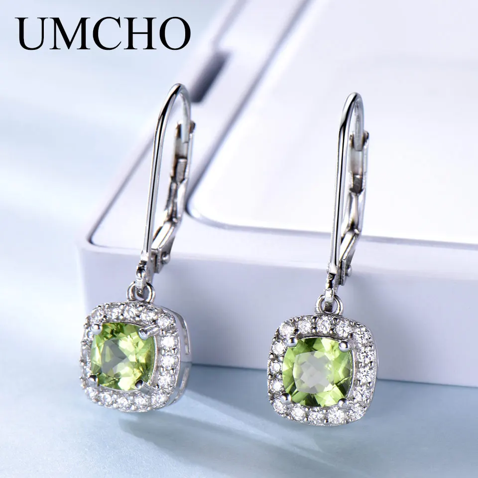

UMCHO Genuine Sterling Silver Drop Earrings For Women Natural Peridot Earrings Long Earrings Brand Fine Jewelry Engagement Gift