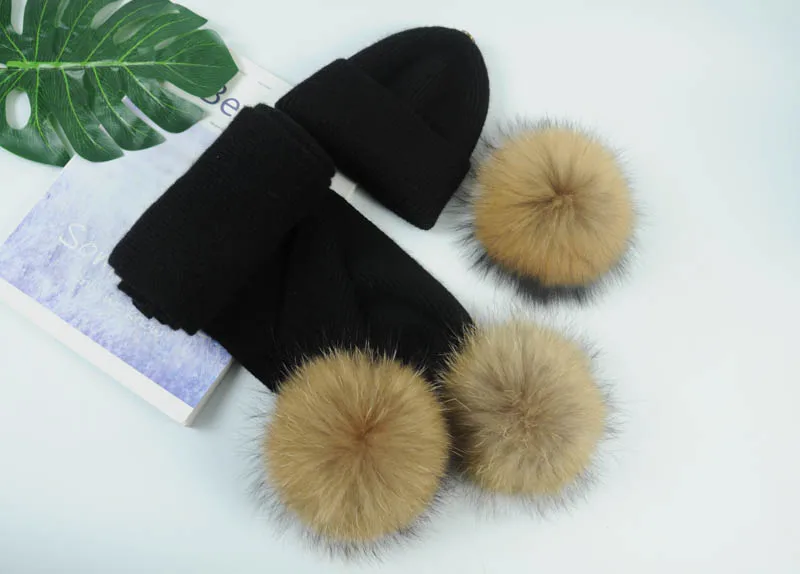 Set black N Детский вязаный шарф и шапка, Модный комплект из 2 предметов для маленьких девочек и мальчиков, однотонный зимний теплый меховой комплект с помпонами, вязаная шапка+ шарф - Цвет: Set black N