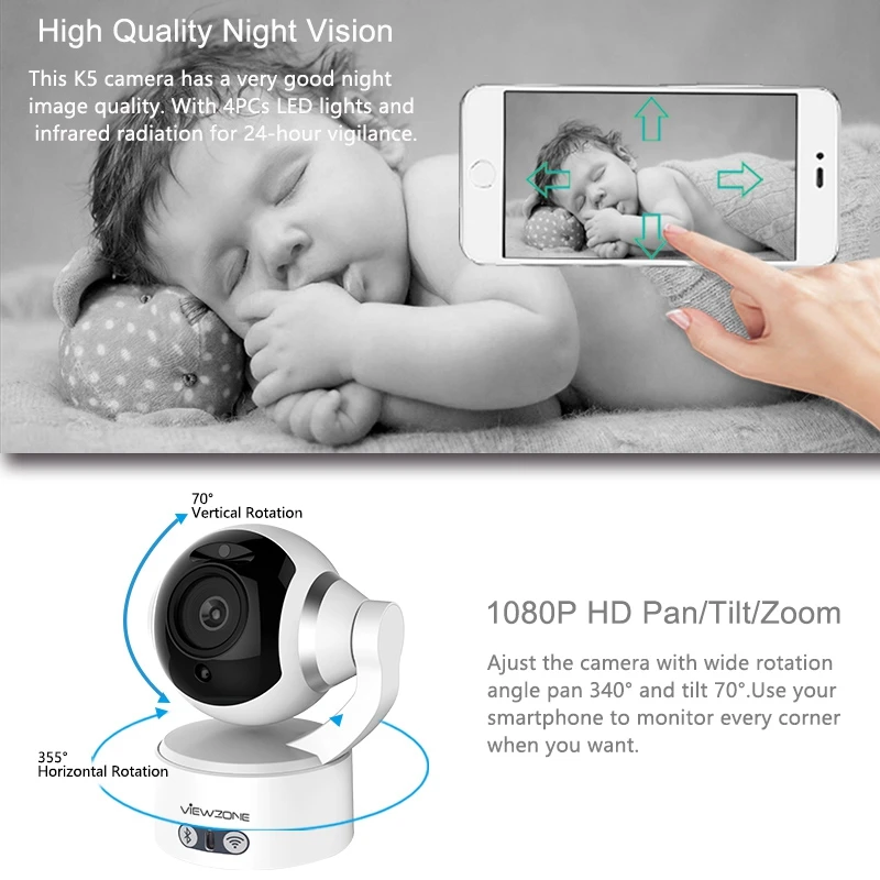 KEEPER HD 2.0MP 1080P Беспроводная ip-камера видеонаблюдения, безопасность, Wi-Fi, с Bluetooth, PTZ, Сигнализация Движения, двусторонняя связь, IR 3