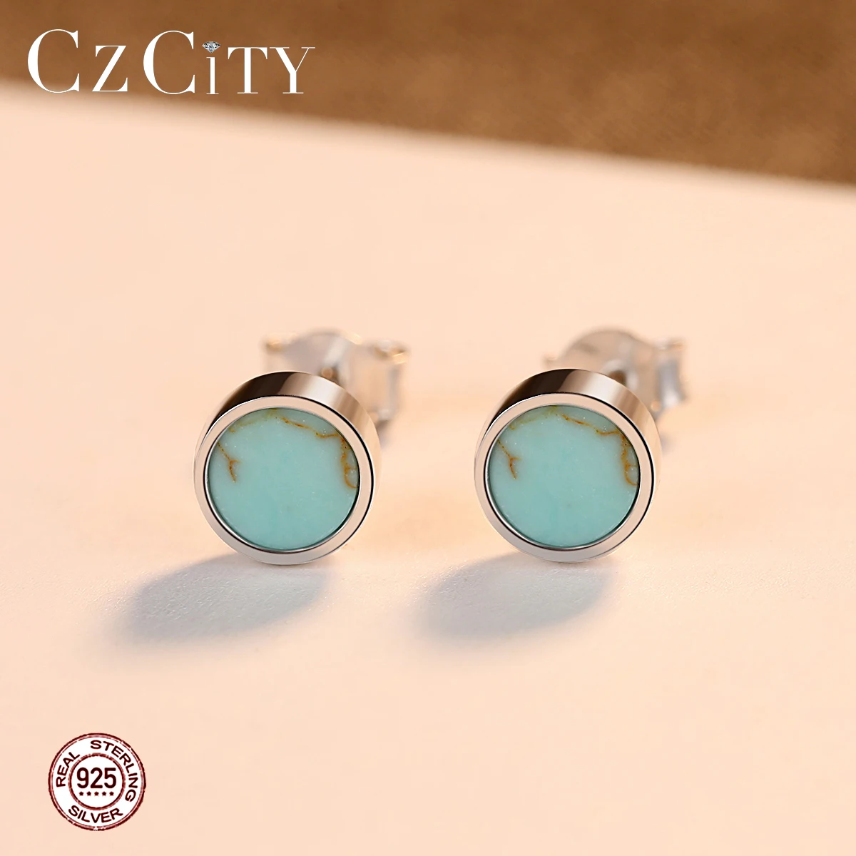CZCITY круглый бирюзовый серьги со шпилькой для Для женщин Юбилей 925 стерлингового