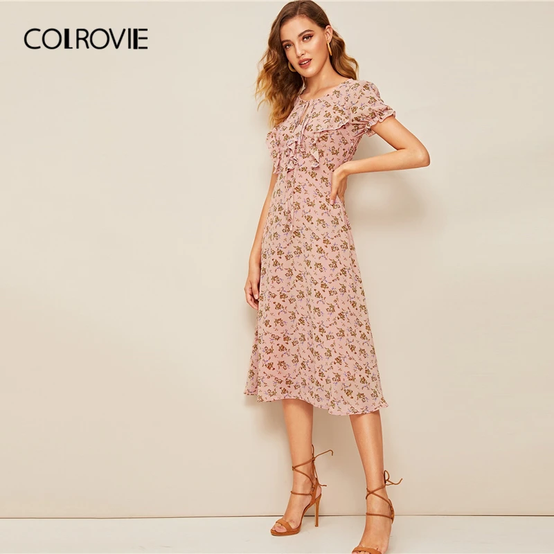 COLROVIE, розовое, с цветочным принтом, с завязками на шее, с рюшами, бохо, длинное платье для женщин, лето, пышные рукава, облегающие и расклешенные винтажные платья