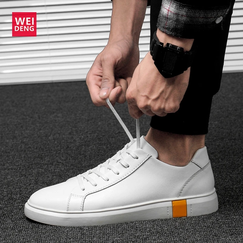 WeiDeng Men Genuine Leather Women Shoes Leisure Lace Up Office Work Flat Fashion Comfortable High Quality Plus Size 36-46 |