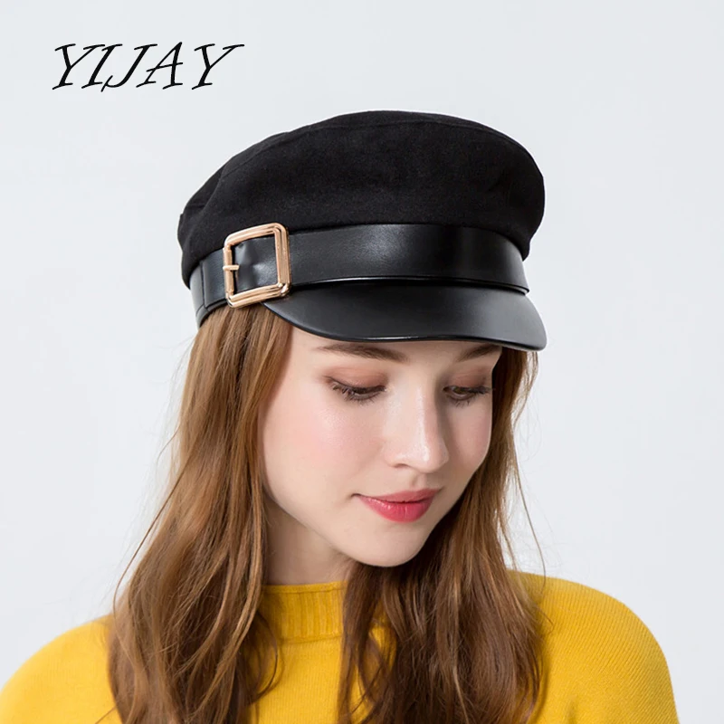 

YIJAY Fashion Unisex Solid Visor Military Hat Autumn And Winter Vintage Wool Patchwork Beret Cap For Women England Style FlatCap