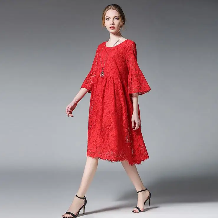 Big Size Fashion Lace Dress Summer Hollow Out Half Sleeve Loose Women Dress 4XL Plus Size Women Clothing Black Red Vestidos