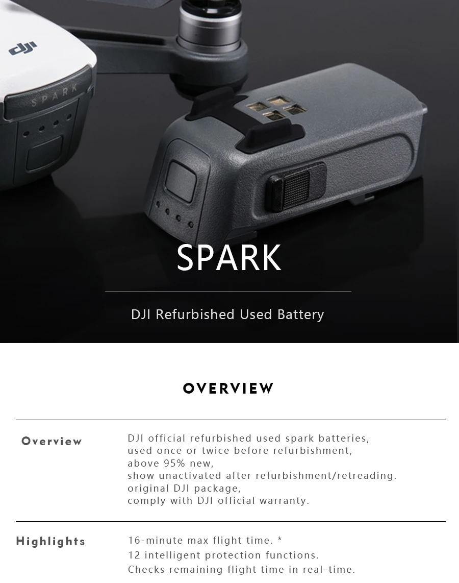 Интеллектуальная летная батарея DJI Spark(восстановленная DJI-как новая/очень хорошая) 16 мин Время полета 1480 мАч 11,4 в для DJI Spark