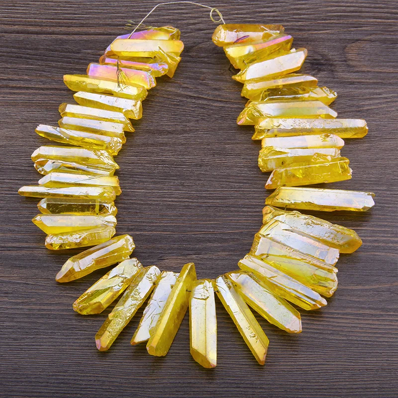 

Natural Yellow Titanium Quartz Crystal Point Stick Beads Top Drilled Spike Point Pendant charm For Jewelry making 15.5" strand