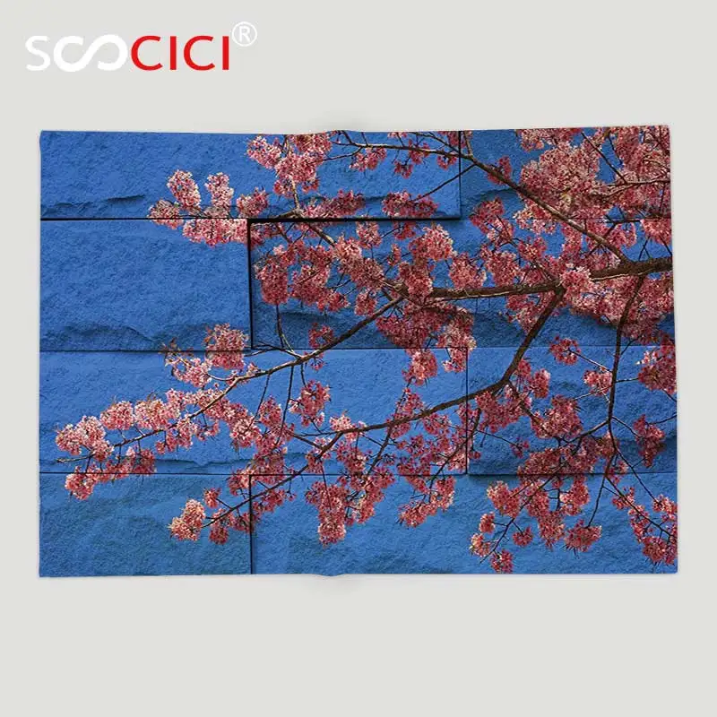 Prezzo Personalizzato Morbido Pile Rimessa Laterale Coperta Rustico Thai Sakura Fiore Murale Ramo Con Fiori Di Primavera Stampa Floreale Di Bellezza Rosa Blu