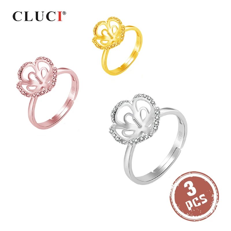 

CLUCI 3pcs Silver 925 Flower Pearl Ring Mounting for Jewelry Making Women 925 Sterling Silver Adjustable Rings SR2102SB