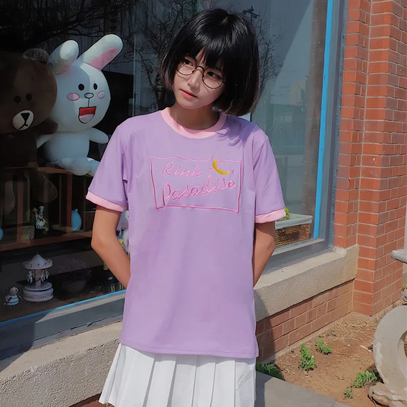 Lavender Kawaii/футболка с Луной, Южная Корея, ulzzang, Harajuku, японская, дикая, милая, сестренка, луна, вышивка, бой, Студенческая футболка для девочек - Цвет: Lavender