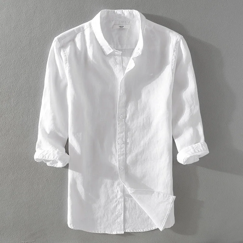 

New pure linen three-quarter shirt men loose casual white men shirt summer classical style flax shirts male camisa M-3XL