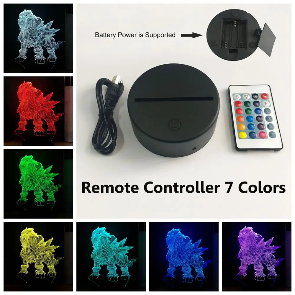 USB Remote 7 Color Милый Светодиодный Светильник-ночник серии Покемон Kawaii Entei 3D иллюзия USB переключатель RGB 7 видов цветов сменный Настольный светильник детский подарок - Испускаемый цвет: USB Remote 7 Color
