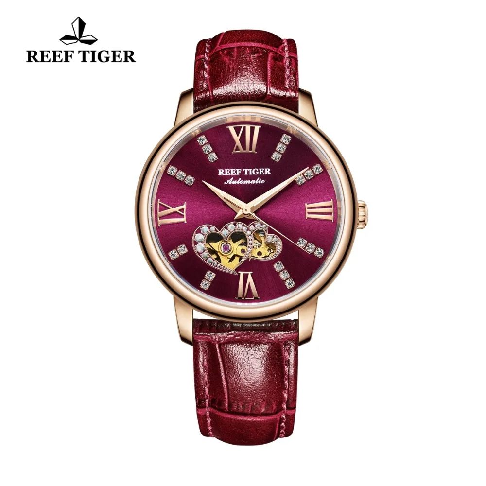 Reef Tiger/RT Top Brand Luxury Ladies Watch Automatic Fashion Watches Lover Gift Rose Gold Red Watch Relogio Feminino RGA1580