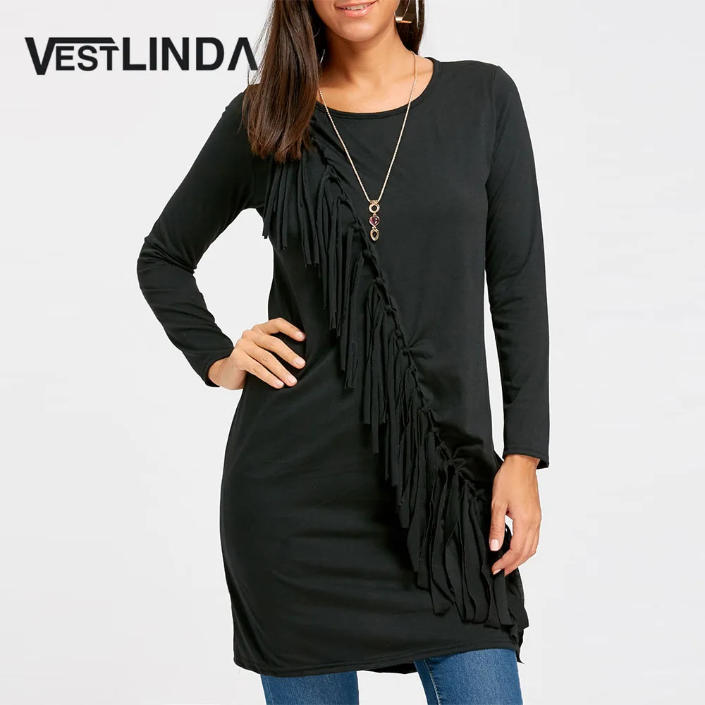 Женское платье с бахромой VESTLINDA черное Повседневное длинным рукавом и