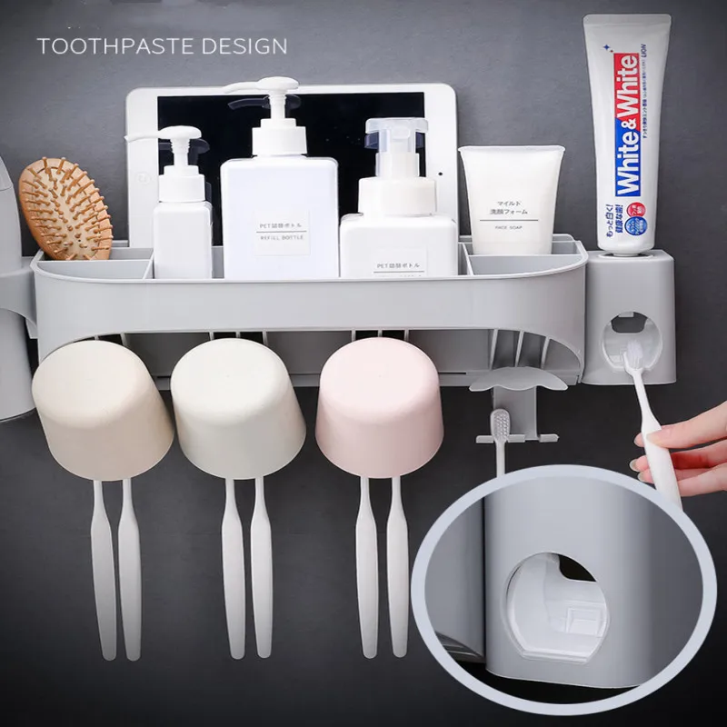 

Bamboo Fiber Toothbrush Holder Wall Hanging Storage Wall Bathroom Shelf Punch Free Automatic Toothpaste Hair Dryer Rack Wash Set