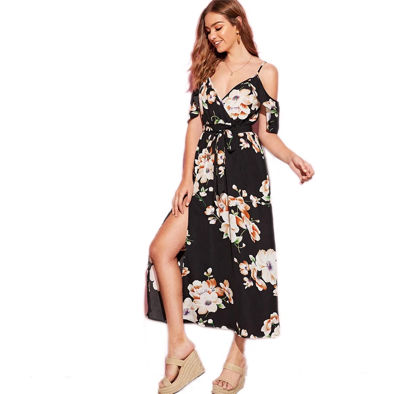 SHEIN, v-образный вырез, цветочный принт, с поясом, с разрезом, до бедра, с запахом, спереди, праздничное платье, женское, летнее, бохо, Пляжное, ТРАПЕЦИЕВИДНОЕ, с высокой талией, длинное платье