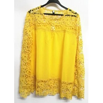 Летняя мода 2015 шифоновая кружевная блузка с длинным рукавом вязанные крючком