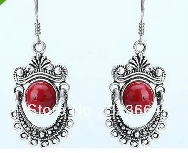 Винтажные тибетские серебряные красные коралловые серьги в тибетском стиле |