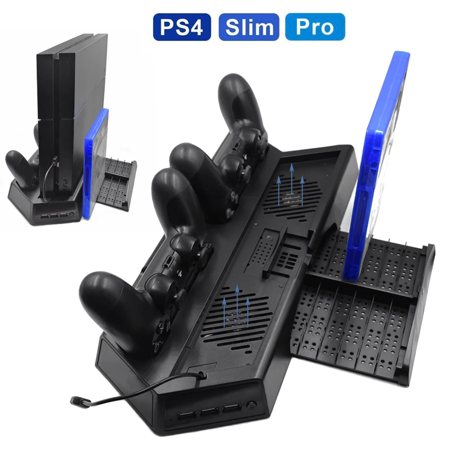 3 в 1 PS4 Pro тонкий вертикальный Стенд Вентилятор охлаждения с контроллером зарядки док-станция и 3 дополнительных хаб Порты и разъёмы для Playstation 4