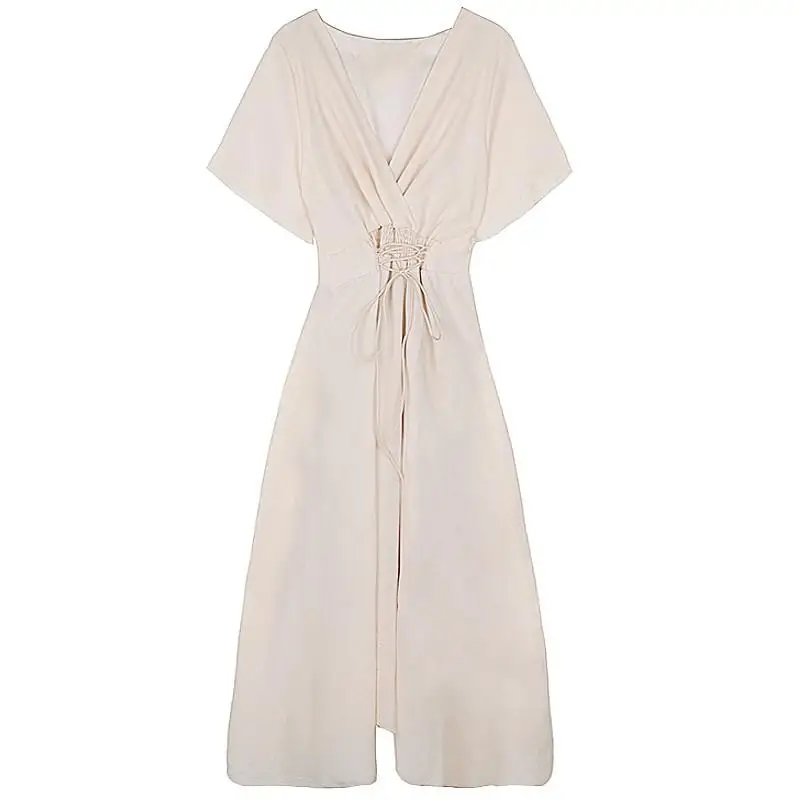 

2019 Spring Summer Vintage Elegant Long Dress Women Chic V-Neck Short Sleeve Dresses Female Slim Waist A-Line Dress Vestidos D97