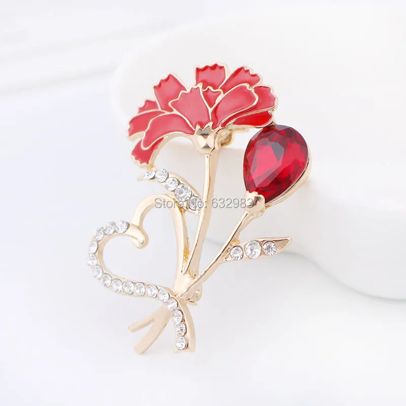 Элегантная брошь в форме сердца гвоздики букет Стразы эмалированные красные