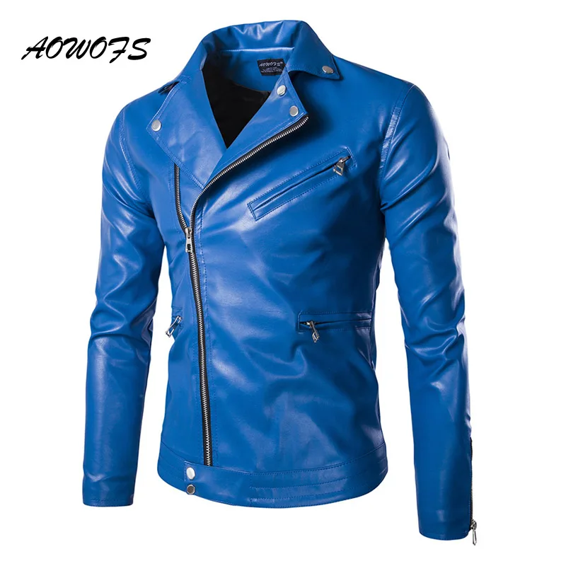 Aowofs Для мужчин s Синий Кожаные куртки Slim Fit кожа Блузон куртка пальто дизайнер