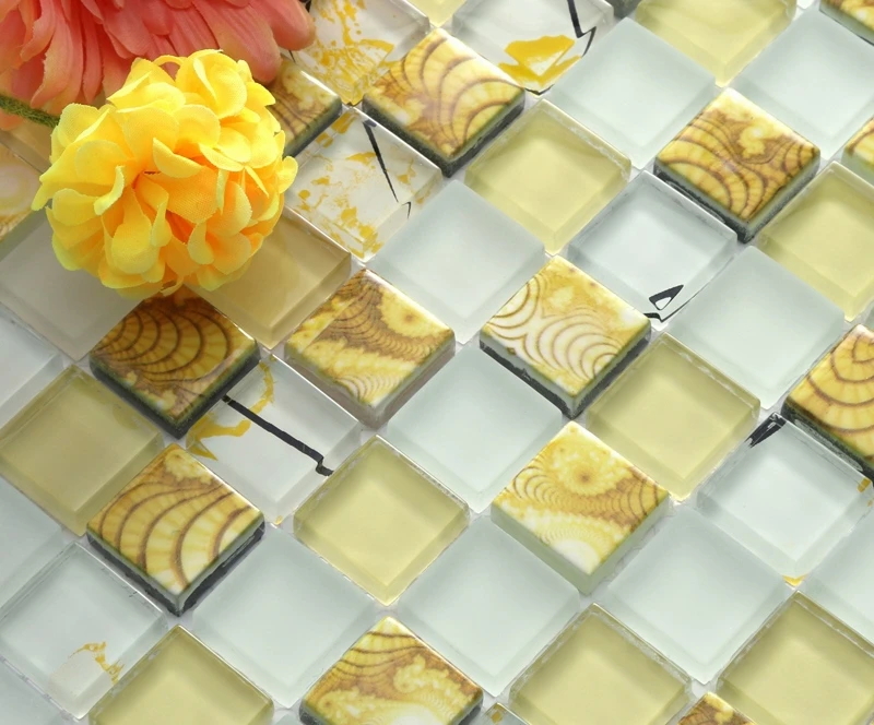 yellow printed puzzle mosaic tiles EHGM1004 for kitchen backsplash bathroom shower wall cover hallway border | Дом и сад